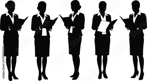 Business women silhouettes reading documents, professional female executives in office attire, corporate teamwork, leadership, communication, workplace diversity concept, 