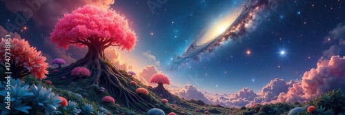 Cosmic Plant A Surreal Dreamscape of Vibrant Nebulae and Starlight Shimmering Leaves