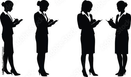 Business women silhouettes, professional female teamwork, office staff writing notes, corporate evaluation, workplace documentation, confident standing poses, modern business attire, 