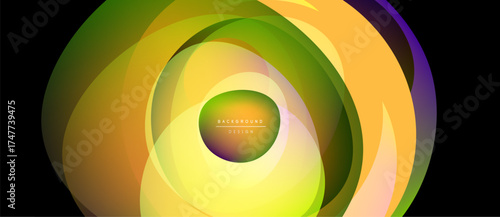 Abstract layers create dynamic circular design. Vibrant colors blend, forming gradient effect. Modern background suitable for various projects.