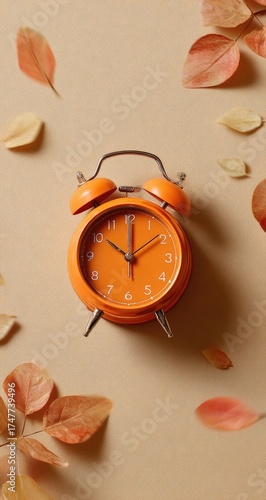 An orange alarm clock sits amidst autumn leaves on a beige background, the time displayed
