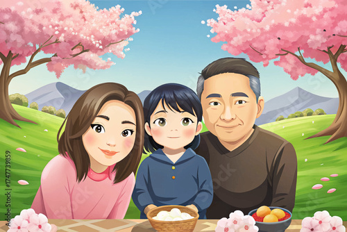 Japanese family enjoying spring picnic under cherry blossom trees, peaceful harmony and love illustration.