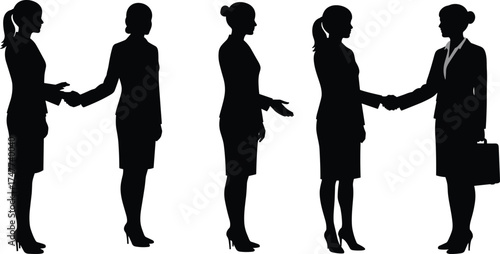 Business women handshake silhouettes, professional greeting sequence, corporate meeting illustration, teamwork collaboration concept, office partnership deal, career success communication, 