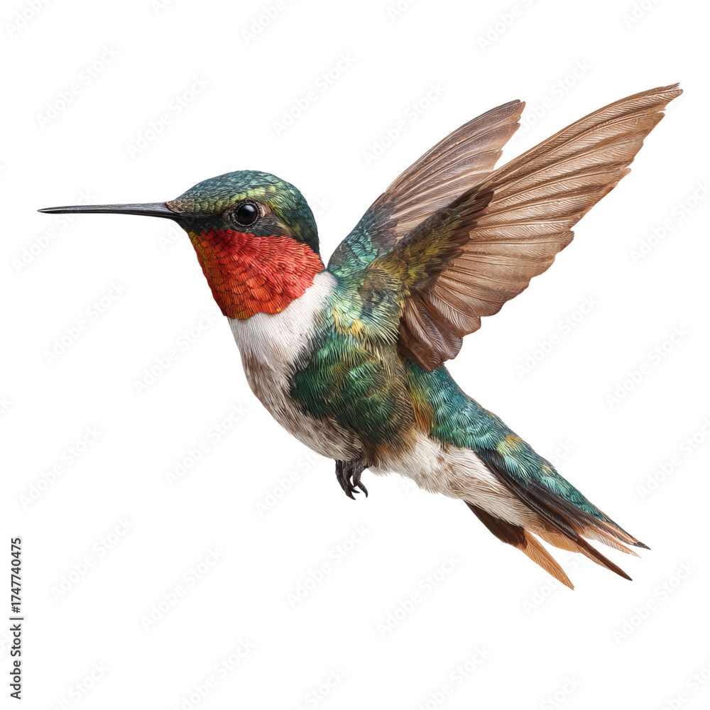 Obraz premium Png of a male rubythroated hummingbird in flight isolated on transparent background, showcasing its iridescent plumage and wings