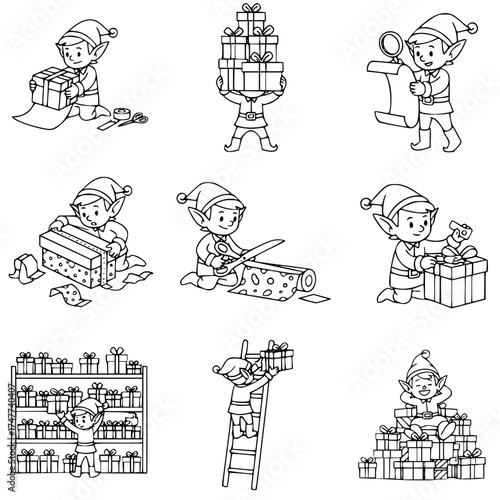 Collection of cartoon elves preparing and presenting Christmas gifts, wrapping and organizing presents.