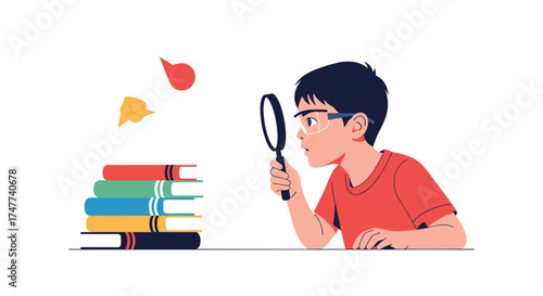 A young boy with glasses intently examines a stack of colorful books using a magnifying glass.