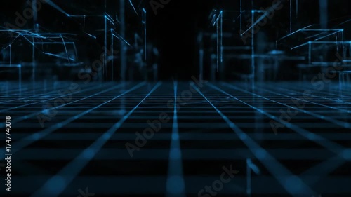 Abstract timelapse of glowing geometric grid lines expanding and contracting on a black background, representing data flow grid, programming, digital