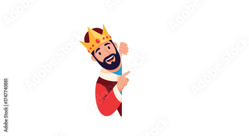 A cheerful king with a crown peeking from behind a white surface pointing his finger.