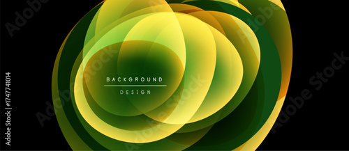 Abstract design features overlapping translucent circles. Colors blend from yellow, green, orange creating dynamic visual effect. Modern background element.