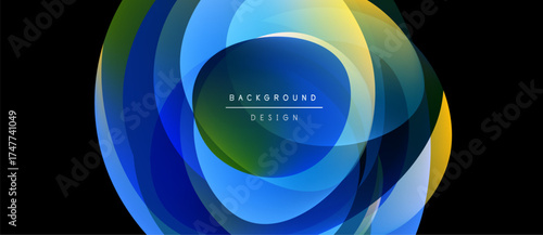 Abstract layered design. Vivid colors blend, creating dynamic circular composition. Text reads background design. Modern aesthetic.