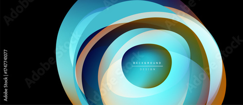 Abstract layers create circular design. Blue, orange, yellow hues blend, forming dynamic visual effect. Modern background element.