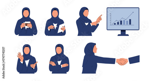 Diverse businesswoman in hijab engaging in various professional activities in a modern office setting.