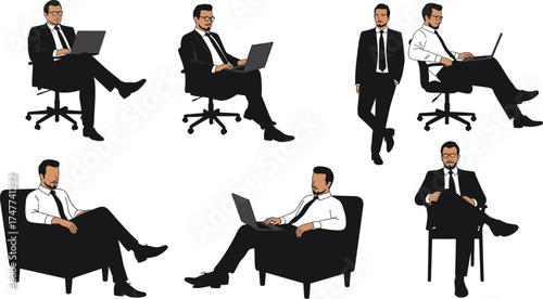 Businessman in formal attire seated with laptop in various postures, ideal for illustrating office work, remote productivity, and workplace ergonomics