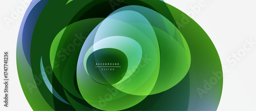 Abstract green layers create flowing circular design. Subtle color gradients suggest depth, movement, modern aesthetic.