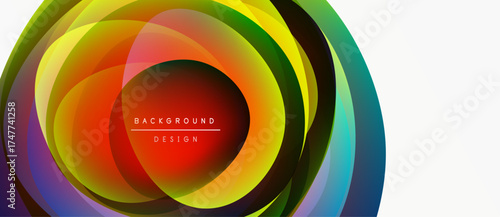 Abstract colorful layers create dynamic circular design. Bright hues blend, forming modern visual impact. Text reads background design.