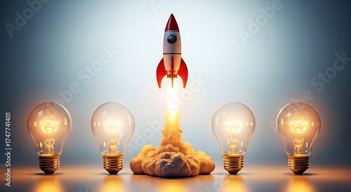 A vibrant illustration showcasing a rocket launching amidst a row of glowing light bulbs, symbolizing innovation, creativity, and the spark of new ideas in a dynamic composition