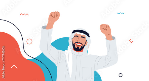 A man in traditional Arab clothing celebrating with raised arms and a big smile.