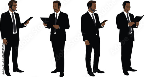 Businessman in formal attire using tablet device with headset, ideal for illustrating virtual meetings, presentations, and digital workplace concepts
