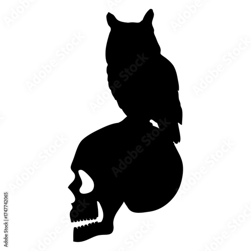 Logo con vista lateral con silueta de calavera humana con búho para felicitaciones y tarjetas de Halloween