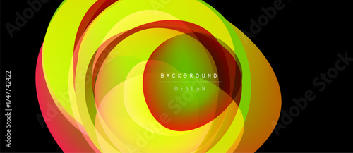 Abstract colorful layers create dynamic circular design. Bright gradients suggest movement, depth, modern aesthetic.