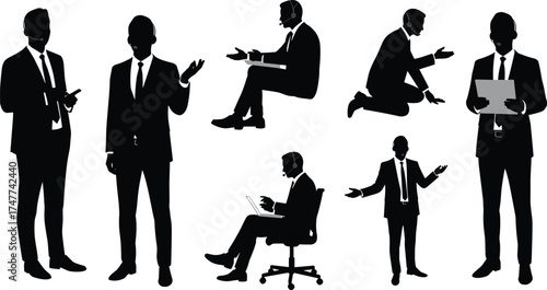 Business professionals in various office poses and activities, ideal for illustrating workplace behavior, communication, and corporate environment concepts