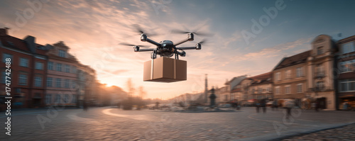 Drone delivery parcel package aerial delivery quadcopter flying package urban sunrise city square historic plaza logistics transportation