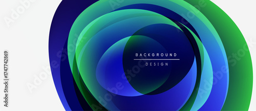 Abstract circular layers, vibrant blues, greens. Modern design element, clean aesthetic, central text reads background design.