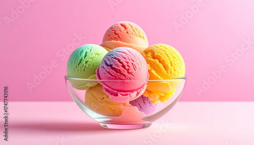Rainbow sherbet scoops in glass bowl with vibrant pastel background