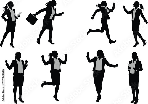 Businesswoman silhouette poses in action, walking, running, jumping, celebrating, reading, confident female character, cad drawing flat vector illustration