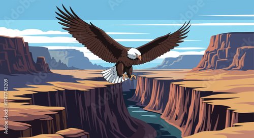 Majestic bald eagle soars gracefully over the grand canyon landscape.
