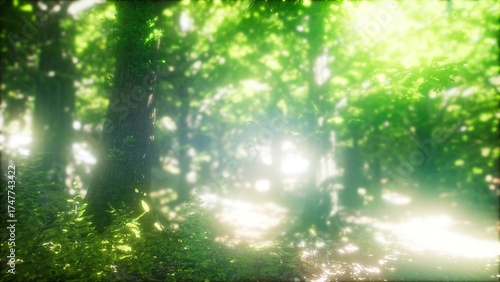 Fotografija In a serene forest, bright sunlight streams through the vibrant green leaves, creating a magical ambiance