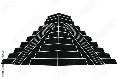 Black and white vector illustration of a Mayan pyramid with detailed stepped structure, ancient Mesoamerican temple design, iconic Aztec-inspired architecture, historical monument silhouette