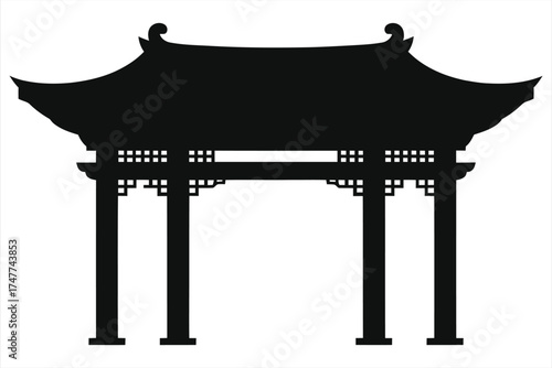 Traditional Asian Gate Silhouette Vector Illustration, Black and White Chinese Archway Icon, Oriental Architecture, Historic Entrance, Isolated Graphic for Logo, Poster, Decoration, or Design Projects