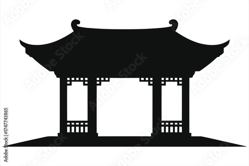 Elegant Black Silhouette Chinese Pavilion Vector Illustration: Traditional Asian Gate with Curved Roof and Pillars for Cultural Symbols, Travel Icons, Logos, Architectural Designs, Oriental Art