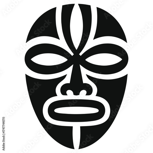 Tribal Mask Vector Illustration, Black and White Ethnic Face Art, African Inspired Abstract Symbol, Traditional Cultural Design, Isolated Icon for Tattoo, Logo, Poster, or Decorative Graphic Elements