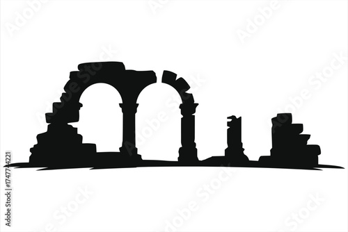 Ancient Roman stone arch ruins silhouette vector – black historic archaeological landmark with crumbling columns, cultural heritage travel icon illustration for logo, tattoo, poster, t-shirt design
