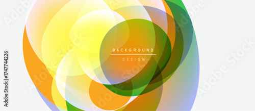 Abstract colorful circles overlap creating dynamic visual effect. Bright gradients suggest energy, movement, modern design.