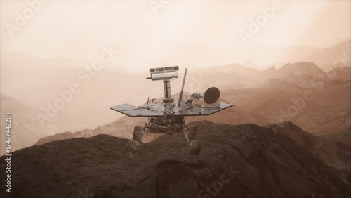 As dawn breaks, the Oportunity rover surveys the rocky terrain of Mars, capturing the ethereal beauty and vastness of the red planets landscape, revealing its secrets and mysteries.