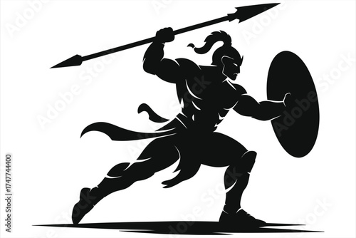 Ancient warrior hero silhouette vector – muscular Greek hoplite spear thrower with round shield, dynamic battle pose, black and white soldier illustration for logo, tattoo, sports mascot design