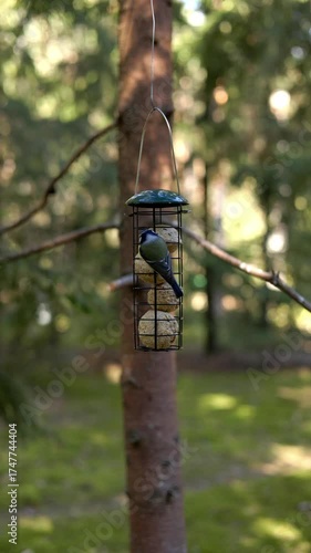 Bird Feeding in Nature with a Suet Feeder