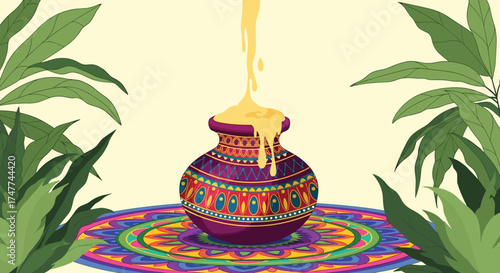 A vibrant pot overflowing with honey sits on a colorful mandala amidst lush green foliage.