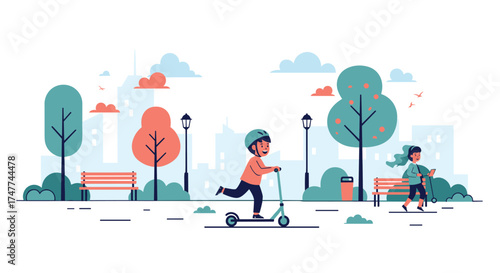 Children enjoying a sunny day riding scooters and skateboards in a park.