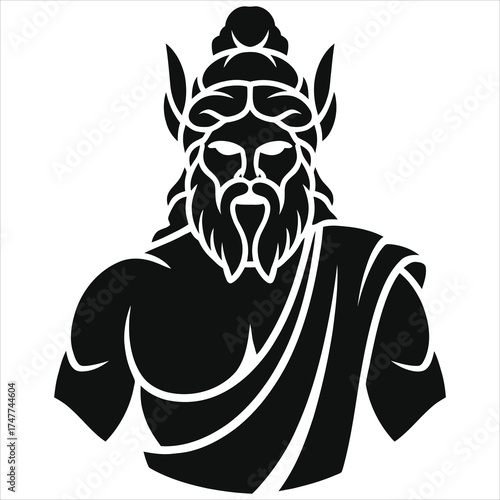 Ancient Mythology Deity Bust Silhouette Icon. Nature God with Foliage Headpiece & Beard. Vector Art for Fantasy, Spiritual Designs, Logo, Branding & Cultural Themes.