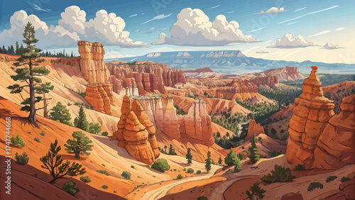 Flat minimal cartoon of Bryce Canyon with orange hoodoos, desert valley, and blue sky.