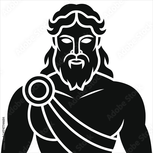 Greek god Zeus bust silhouette – black and white minimalist bearded Olympian warrior deity with toga, powerful muscular mythic figure vector illustration for logo, tattoo, t-shirt print, sticker