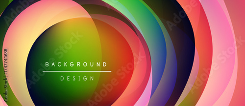 Abstract colorful layers create dynamic circular design. Text reads background design centered within composition. Vibrant hues blend seamlessly.