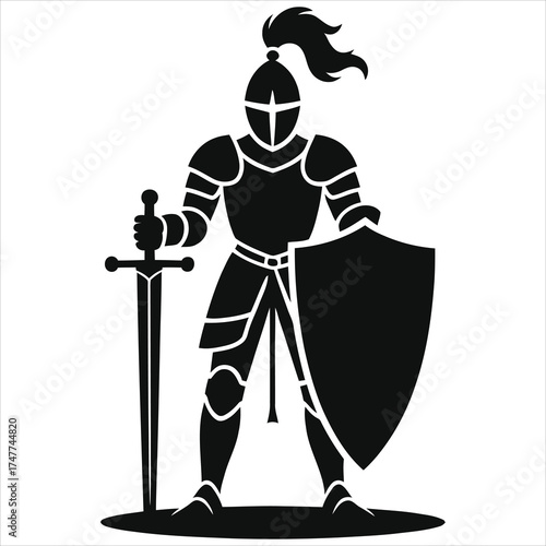 Medieval knight silhouette vector illustration - armored warrior with sword and shield, black and white heraldic guard icon security and protection symbol, chivalry crusader fantasy mascot logo design
