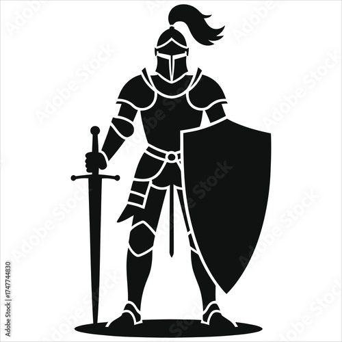 Medieval Knight Silhouette Holding Sword and Shield – Black Vector Illustration of Armored Warrior Soldier Icon for Fantasy, History, Heraldry, Gaming, Emblem Design, and Graphic Art Projects
