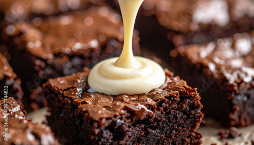 Cream pouring over chocolate brownie, glossy surface, rich macro close-up