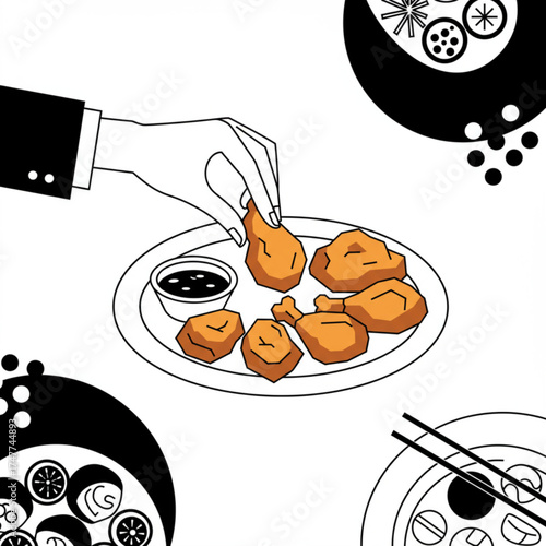 Hand Picking Fried Chicken Nuggets with Sauce – Minimalist Food Vector Illustration
